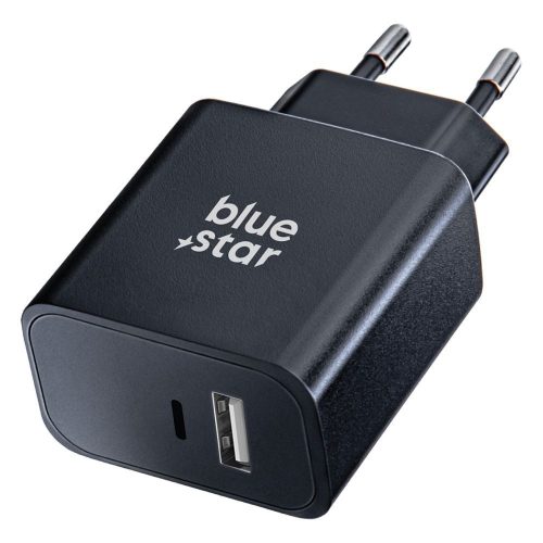 Hálózati töltőfej 1xUSB / 1xType-C, PD / QC4.0 / 3A / 25W, fekete, BlueStar TFB-TC-25WPD