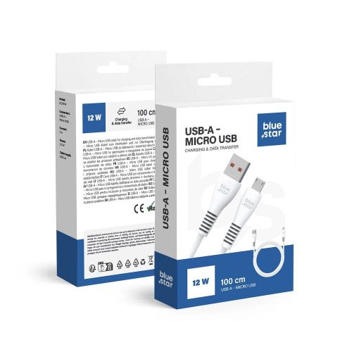 Micro USB adatkábel, 2A / 12W, 1M, fehér, BluStar DC99M