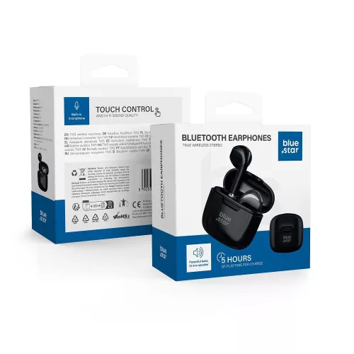 Stereo bluetooth headset vezeték nélküli töltőtokkal, TWS, fekete, BlueStar Fi7