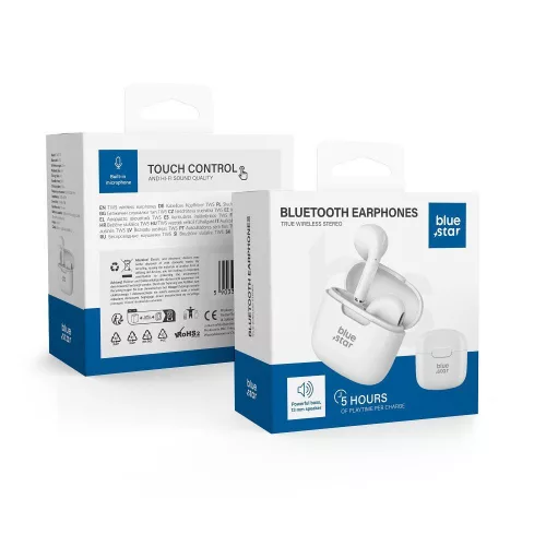 Stereo bluetooth headset vezeték nélküli töltőtokkal, TWS, fehér, BlueStar Fi7