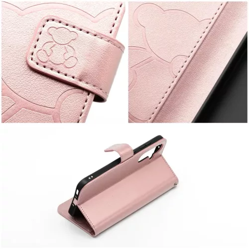 Samsung Galaxy A26 / A17 telefon tok, könyvtok, oldalra nyíló tok, mágnesesen záródó, rose gold, teddy bear, SM-A266, SM-A175, SM-A176, Mezzo
