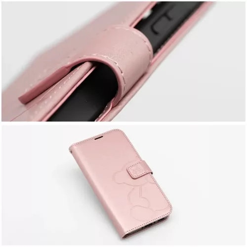 Samsung Galaxy A26 / A17 telefon tok, könyvtok, oldalra nyíló tok, mágnesesen záródó, rose gold, teddy bear, SM-A266, SM-A175, SM-A176, Mezzo