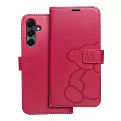   Samsung Galaxy A36 / A37 / A56 telefon tok, könyvtok, oldalra nyíló tok, mágnesesen záródó, sötét magenta, teddy bear, SM-A366, SM-A376, SM-A566, Mezzo