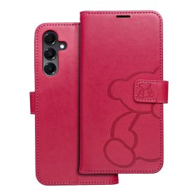   Samsung Galaxy A56 telefon tok, könyvtok, oldalra nyíló tok, mágnesesen záródó, sötét magenta, teddy bear, SM-A566, Mezzo