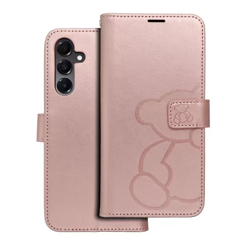 Samsung Galaxy A56 / A36 / A37 telefon tok, könyvtok, oldalra nyíló tok, mágnesesen záródó, rose gold, teddy bear, SM-A566, SM-A366, SM-A376, Mezzo
