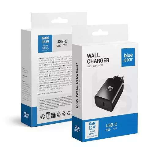 Univerzális hálózati gyors töltőfej, Type-C csatlakozóval, GaN 35W / 3A, PD / QC 4.0,  fekete, Bluestar
