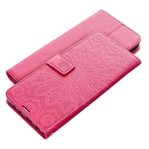 Samsung A57 telefon tok, könyvtok, oldalra nyíló tok, mágnesesen záródó, sötét magenta, mandala, SM-A576, Mezzo