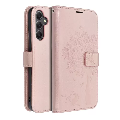 Samsung Galaxy A37 / A36 / A56 telefon tok, könyvtok, oldalra nyíló tok, mágnesesen záródó, rose gold, tree, SM-A376, SM-A366, SM-A566, Mezzo