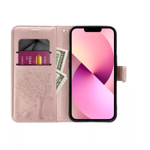 Samsung Galaxy A37 / A36 / A56 telefon tok, könyvtok, oldalra nyíló tok, mágnesesen záródó, rose gold, tree, SM-A376, SM-A366, SM-A566, Mezzo
