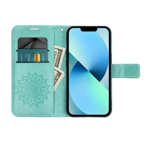 Samsung Galaxy A37 / A36 / A56 telefon tok, könyvtok, oldalra nyíló tok, mágnesesen záródó, zöld, mandala, SM-A376, SM-A366, SM-A566, Mezzo
