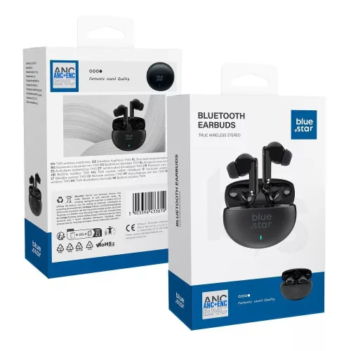 Stereo bluetooth headset vezeték nélküli töltőtokkal, TWS, zajszűrés ANC + ENC, BT6.0, fekete, BlueStar Zen TX5