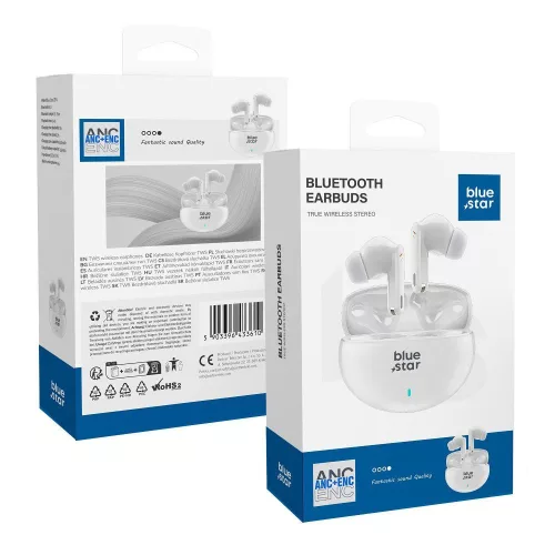 Stereo bluetooth headset vezeték nélküli töltőtokkal, TWS, zajszűrés ANC + ENC, BT6.0, fehér, BlueStar Zen TX5