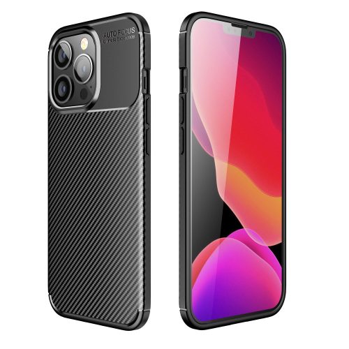 iPhone 17 Pro (6.3") szilikon tok, hátlap tok, carbon mintás, kamera védelem, fekete, Carbon Premium
