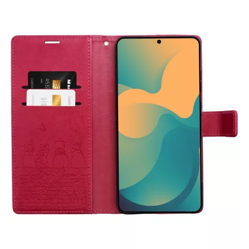 Samsung Galaxy A27 telefon tok, könyvtok, oldalra nyíló tok, mágnesesen záródó, sötét magenta, cats, SM-A276, Mezzo