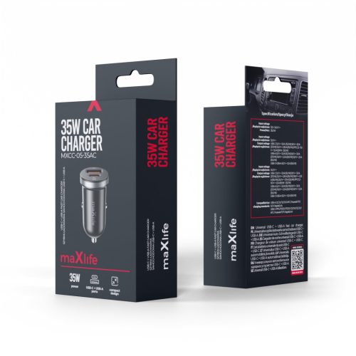 Szivartöltő fej, 1xType-C / 1xUSB, 35W / 3A, fekete, Maxlife MXCC-05-35AC