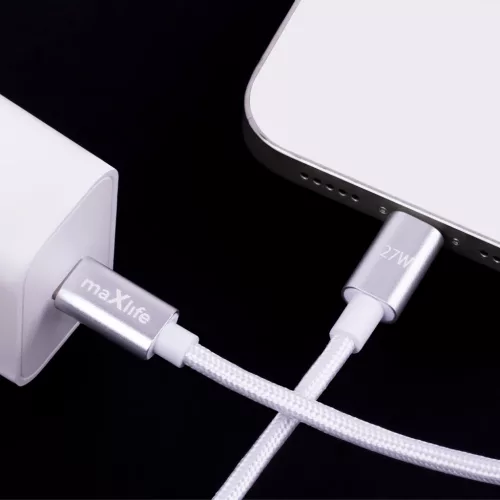 Type-C - iPhone 8pin gyorstöltő adatkábel, 27W, 1M, fehér, Maxlife MXUC-12