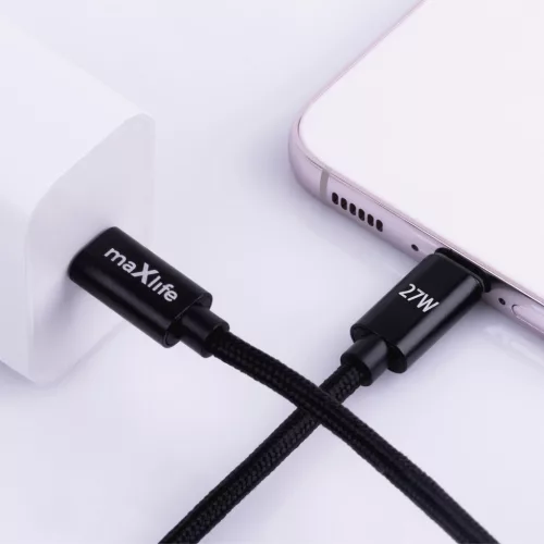 Type-C - iPhone 8pin gyorstöltő adatkábel, 27W, 2M, fekete, Maxlife MXUC-12