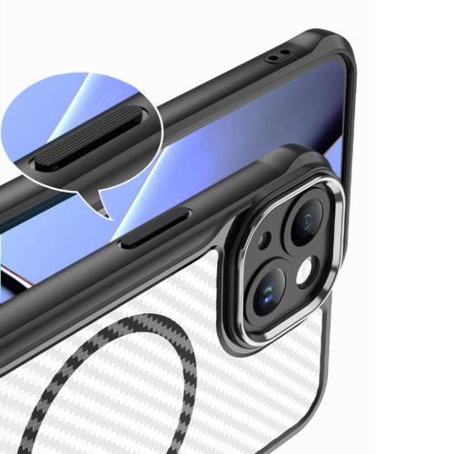 iPhone 12 (6.1") ütésálló hátlap tok, magsafe, kamera védelem, PC / TPU tok, fekete, carbon mintás, Defender Carbon Mag