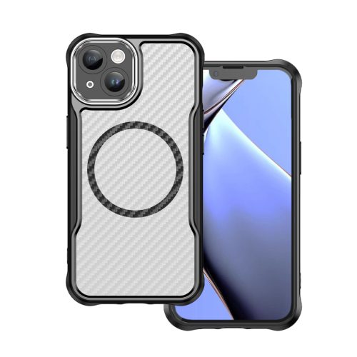 iPhone 13 (6.1") ütésálló hátlap tok, magsafe, kamera védelem, PC / TPU tok, fekete, carbon mintás, Defender Carbon Mag