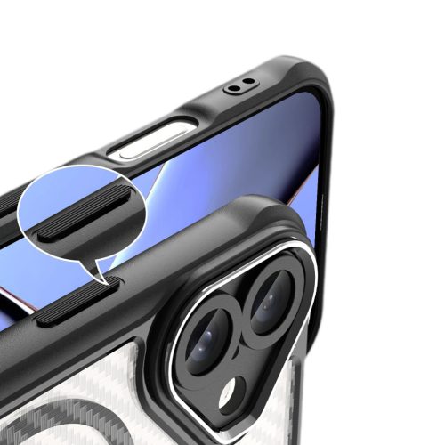 iPhone 13 (6.1") ütésálló hátlap tok, magsafe, kamera védelem, PC / TPU tok, fekete, carbon mintás, Defender Carbon Mag
