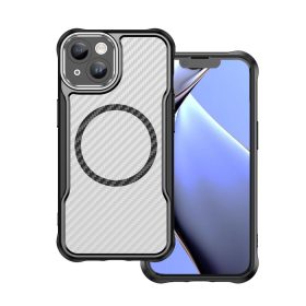   iPhone 15 (6.1") ütésálló hátlap tok, magsafe, kamera védelem, PC / TPU tok, fekete, carbon mintás, Defender Carbon Mag