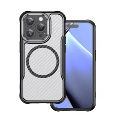   iPhone 16 Pro Max (6.9") ütésálló hátlap tok, magsafe, kamera védelem, PC / TPU tok, fekete, carbon mintás, Defender Carbon Mag