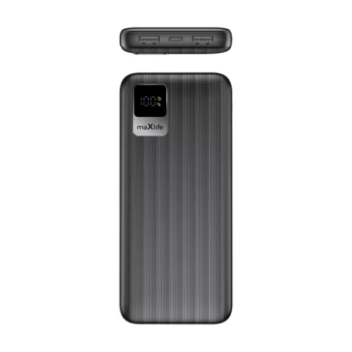 Power Bank 2xUSB / 1xType-C + Type-C kábel, 10000 mAh / 10W, fekete, Maxlife MXPB-07