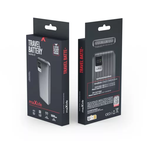 Power Bank 2xUSB / 1xType-C + Type-C kábel, 10000 mAh / 10W, fekete, Maxlife MXPB-07