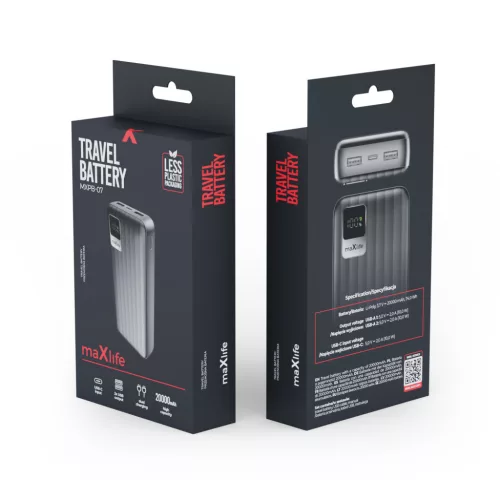 Power Bank 2xUSB / 1xType-C + Type-C kábel, 20000 mAh / 10W, fekete, Maxlife MXPB-07