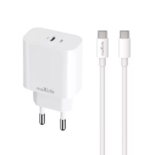 Hálózati töltőfej 1x Type-C + Type-C - Type-C adatkábel, PD / QC, 3A / 20W, fehér, Maxlife MXTC-06
