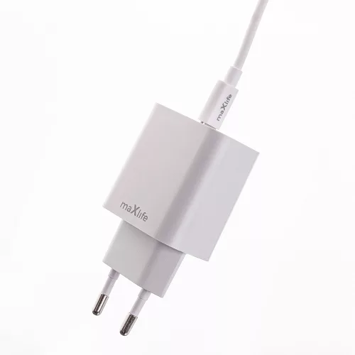 Hálózati töltőfej 1x Type-C + Type-C - Type-C adatkábel, PD / QC, 3A / 20W, fehér, Maxlife MXTC-06