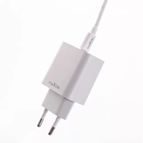 Hálózati töltőfej 1x Type-C + Type-C - Type-C adatkábel, PD / QC, 3A / 20W, fehér, Maxlife MXTC-06