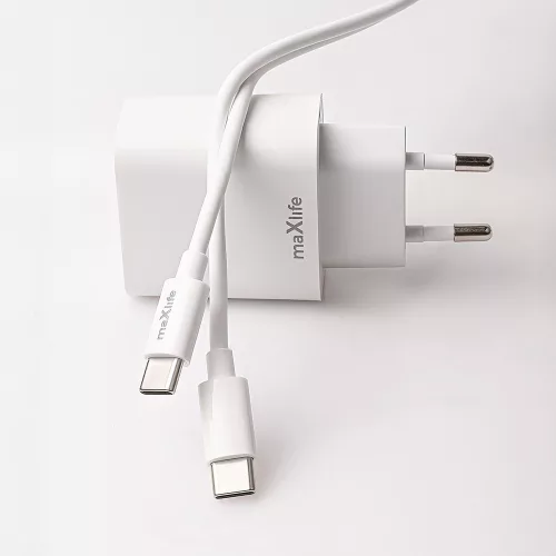 Hálózati töltőfej 1x Type-C + Type-C - Type-C adatkábel, PD / QC, 3A / 20W, fehér, Maxlife MXTC-06