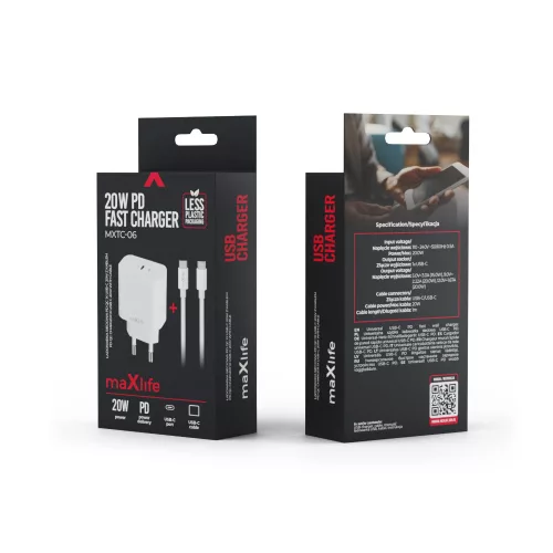 Hálózati töltőfej 1x Type-C + Type-C - Type-C adatkábel, PD / QC, 3A / 20W, fehér, Maxlife MXTC-06