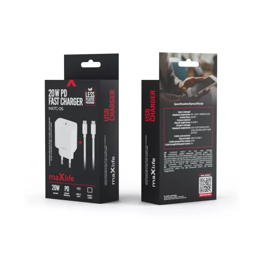 Hálózati töltőfej 1x Type-C + Type-C - Type-C adatkábel, PD / QC, 3A / 20W, fehér, Maxlife MXTC-06