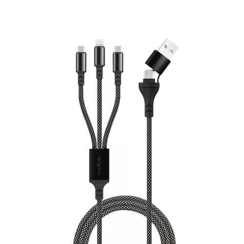 2xType-C / iPhone 8pin - USB / Type-C adatkábel, gyorstöltés, nylon fonat, 66W, 1M, fekete, Maxlife