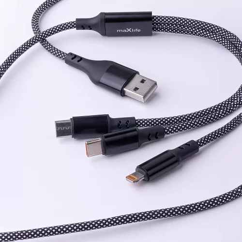 2xType-C / iPhone 8pin - USB / Type-C adatkábel, gyorstöltés, nylon fonat, 66W, 1M, fekete, Maxlife