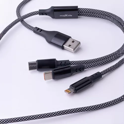 2xType-C / iPhone 8pin - USB / Type-C adatkábel, gyorstöltés, nylon fonat, 66W, 1M, fekete, Maxlife