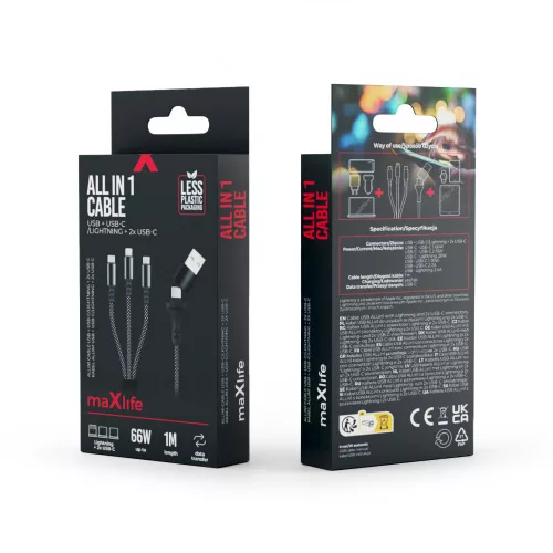2xType-C / iPhone 8pin - USB / Type-C adatkábel, gyorstöltés, nylon fonat, 66W, 1M, fekete, Maxlife