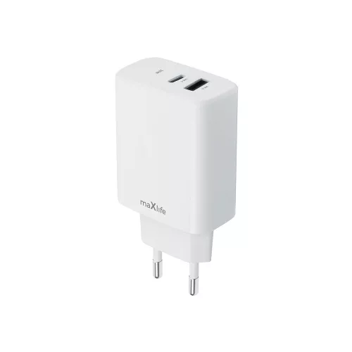 Hálózati gyors töltőfej, 1xType-C / 1xUSB, 20W, fehér, Maxlife MXTC-10-20AC