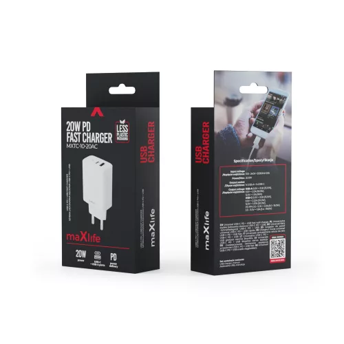 Hálózati gyors töltőfej, 1xType-C / 1xUSB, 20W, fehér, Maxlife MXTC-10-20AC