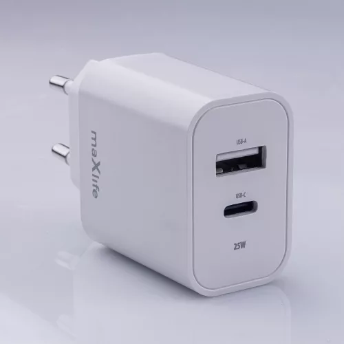 Univerzális hálózati gyors töltőfej, 1xType-C / 1xUSB, 30W, fehér, Maxlife MXTC-10-30AC
