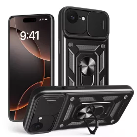   iPhone 16e / SE 4 (2025) (6.1") ütésálló hátlap tok, kitámasztható, fekete, Defender Slide
