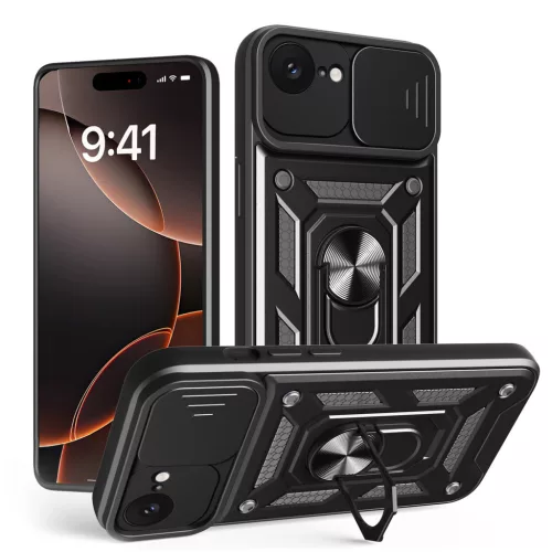 iPhone 16e / SE 4 (2025) (6.1") ütésálló hátlap tok, kitámasztható, fekete, Defender Slide
