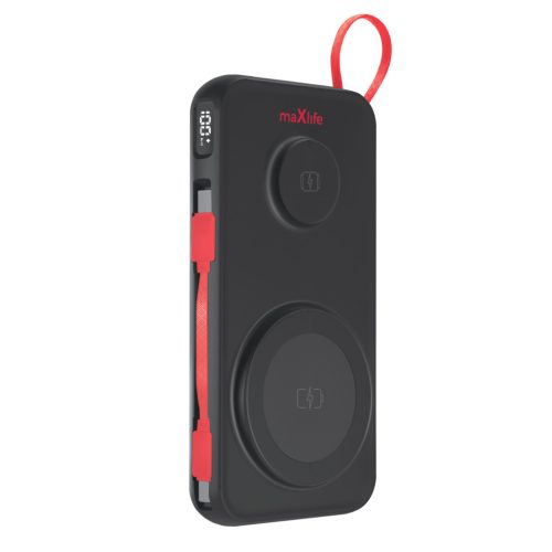 3in1 magsafe / mágneses power bank, 1x USB / 1xType-C + Type-C adatkábel, 10000 mAh, 15W / 22,5W / 3A, fekete, Maxlife MXPB-08