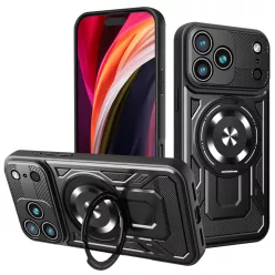   iPhone 15 (6.1") ütésálló hátlap tok, TPU / PC, kamera védelem, Magsafe, kitámasztható, fekete, Defender Armor Mag