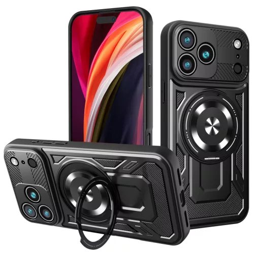 iPhone 16 Pro Max (6.9") ütésálló hátlap tok, TPU / PC, kamera védelem, Magsafe, kitámasztható, fekete, Defender Armor Mag