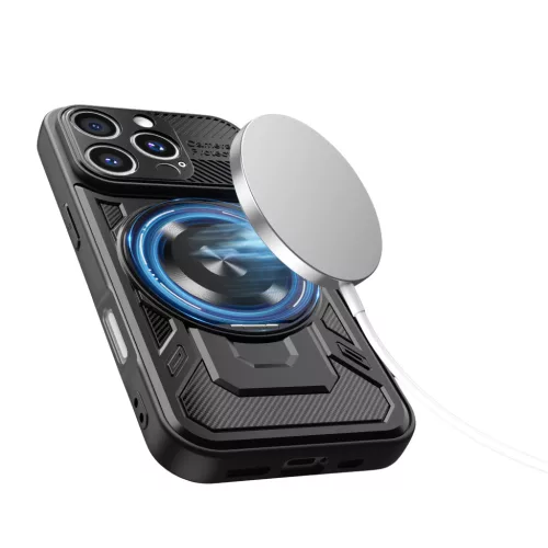iPhone 16 Pro Max (6.9") ütésálló hátlap tok, TPU / PC, kamera védelem, Magsafe, kitámasztható, fekete, Defender Armor Mag