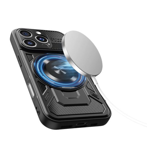 iPhone 17 (6.3") ütésálló hátlap tok, TPU / PC, kamera védelem, Magsafe, kitámasztható, fekete, Defender Armor Mag