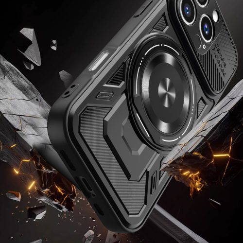 iPhone 17 (6.3") ütésálló hátlap tok, TPU / PC, kamera védelem, Magsafe, kitámasztható, fekete, Defender Armor Mag